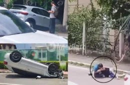 Motoristas entram em confronto durante briga de trânsito após carro capotar e outro invadir condomínio no bairro Parque 10