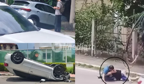 Motoristas entram em confronto durante briga de trânsito após carro capotar e outro invadir condomínio no bairro Parque 10