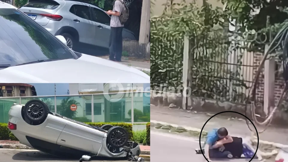 Motoristas entram em confronto durante briga de trânsito após carro capotar e outro invadir condomínio no bairro Parque 10