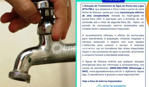 Manutenção emergencial em estação de tratamento provoca falta d’água em mais de 30 bairros de Manaus; confira os locais