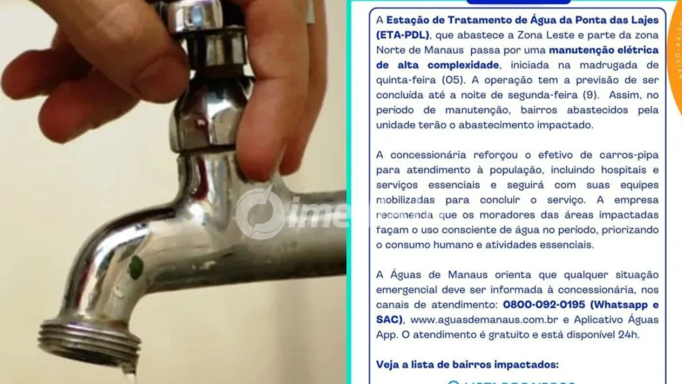 Manutenção emergencial em estação de tratamento provoca falta d’água em mais de 30 bairros de Manaus; confira os locais