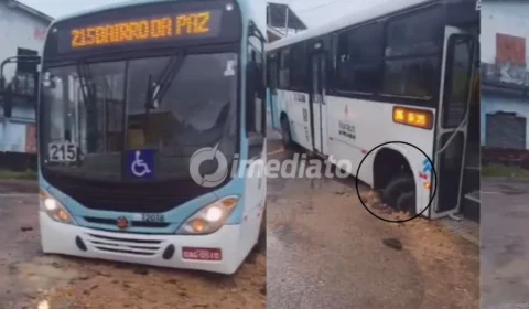 VÍDEO: Temporal em Manaus abre buraco e ‘engole’ ônibus da linha 215 na zona centro-oeste