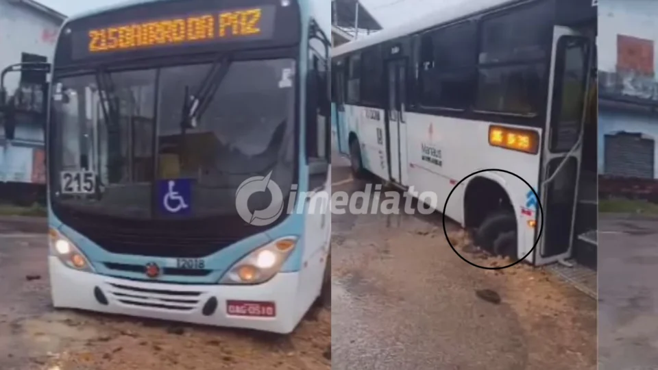 VÍDEO: Temporal em Manaus abre buraco e ‘engole’ ônibus da linha 215 na zona centro-oeste