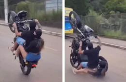 VÍDEO: Casal usando balaclava faz gracinha e cai de moto após tentativa de ‘grau’ em via pública