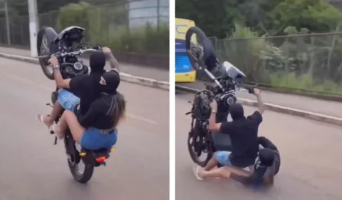 VÍDEO: Casal usando balaclava faz gracinha e cai de moto após tentativa de ‘grau’ em via pública