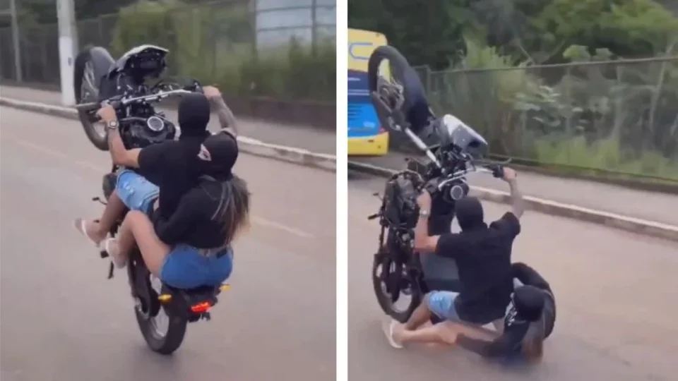 VÍDEO: Casal usando balaclava faz gracinha e cai de moto após tentativa de ‘grau’ em via pública