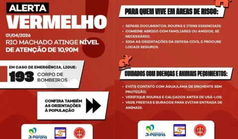 Rio Machado sobe para 10,90m e Ji-Paraná entra em alerta vermelho