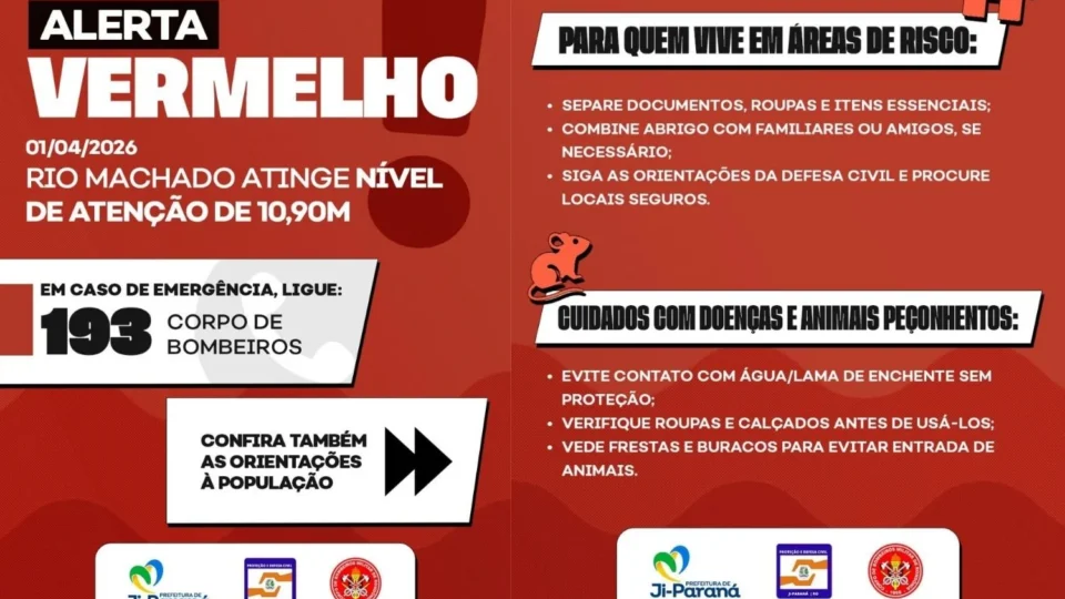 Rio Machado sobe para 10,90m e Ji-Paraná entra em alerta vermelho