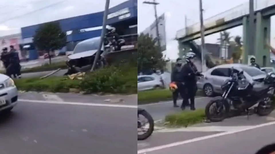 Veja o vídeo: Carro colide contra pilastra de viaduto e causa lentidão na Av. Torquato Tapajós neste feriado (21)