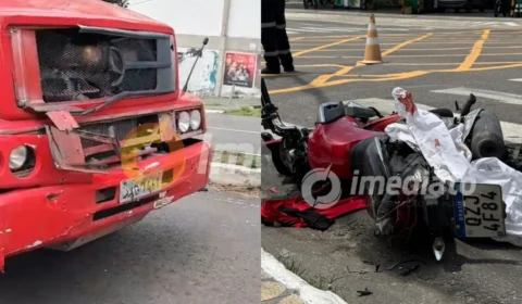 Vídeo da hora: Veja como ficou a frente do caminhão após motociclista ultrapassar sinal vermelho e ser atingido por carreta