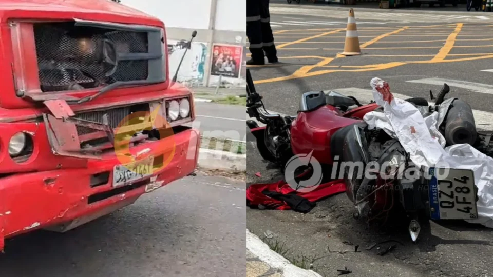 Vídeo da hora: Veja como ficou a frente do caminhão após motociclista ultrapassar sinal vermelho e ser atingido por carreta