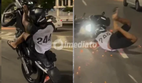 VÍDEO: Motoqueiro fica ferido após cair de moto durante tentativa de manobra perigosa em avenida