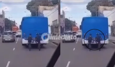 VÍDEO: Jovens são flagrados pegando ‘carona’ na traseira de ônibus no Centro de Manaus