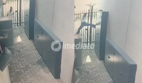 VÍDEO: Susto faz jovem tentar escalar portão de condomínio para fugir de lagarto