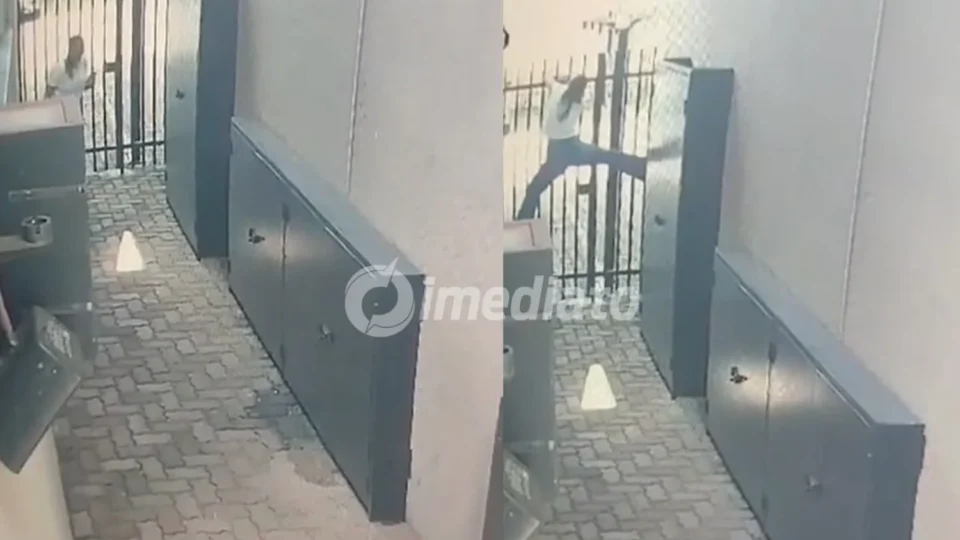 VÍDEO: Susto faz jovem tentar escalar portão de condomínio para fugir de lagarto