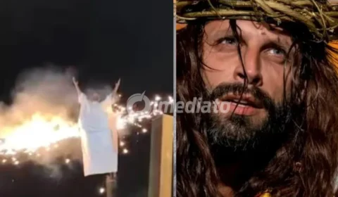 VÍDEO: Roupa de ator Henri Castelli pega fogo durante apresentação do espetáculo ‘A Paixão de Cristo’