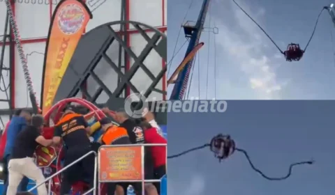 VÍDEO: Acidente em brinquedo ‘estilingue humano’ deixa quatro crianças feridas após cabo da atração se romper