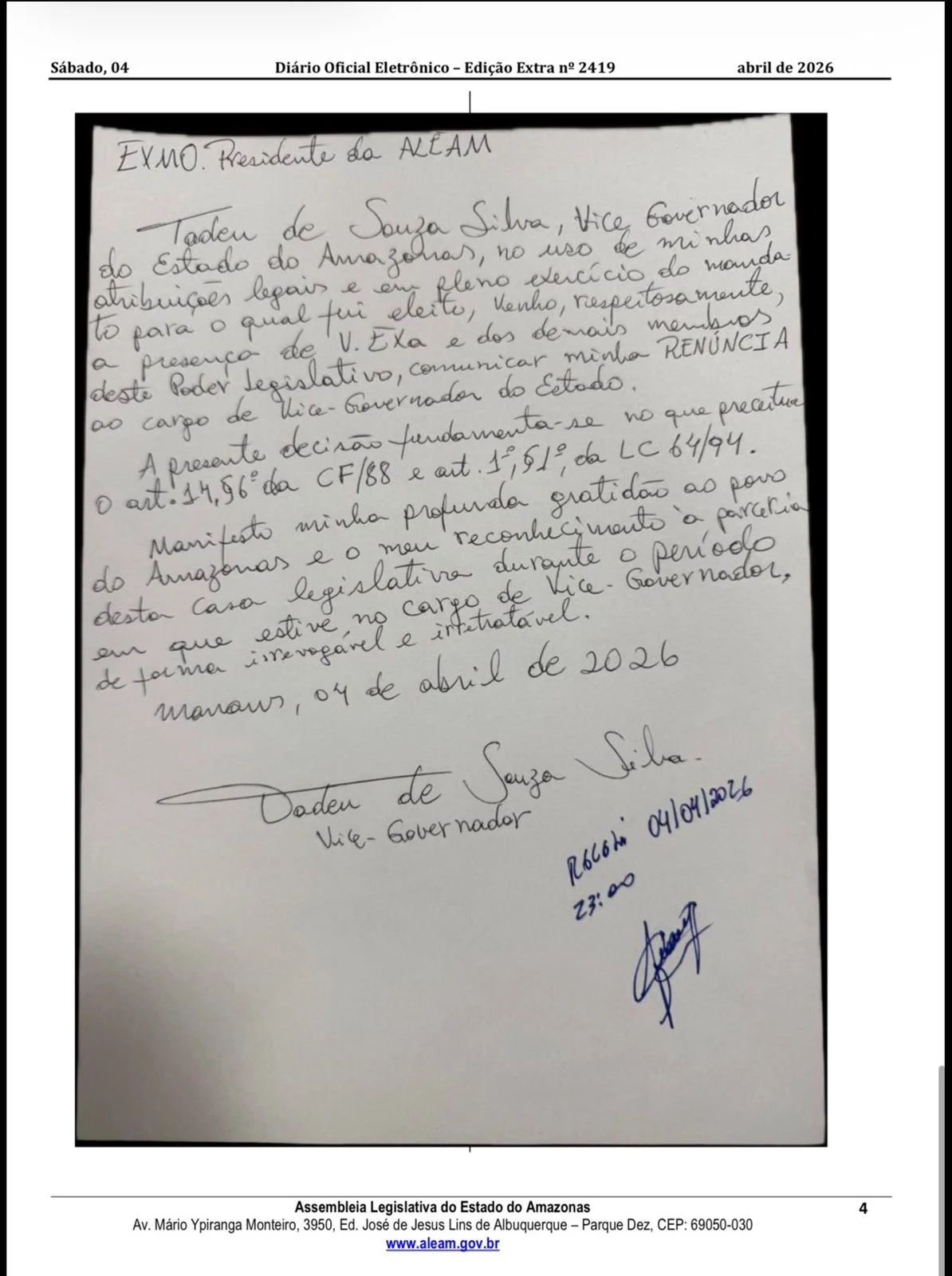 Carta de renúncia do ex-vice governador do Amazonas, Tadeu de Souza. Foto: divuldação
