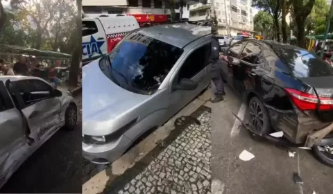 Veja o momento em que motorista perde controle de carro e atinge cinco veículos estacionados em Belém