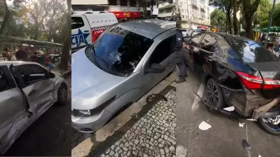 Veja o momento em que motorista perde controle de carro e atinge cinco veículos estacionados em Belém