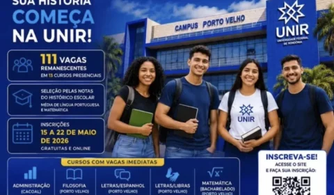 UNIR ABRE INSCRIÇÕES GRATUITAS PARA 111 VAGAS REMANESCENTES EM CURSOS PRESENCIAIS