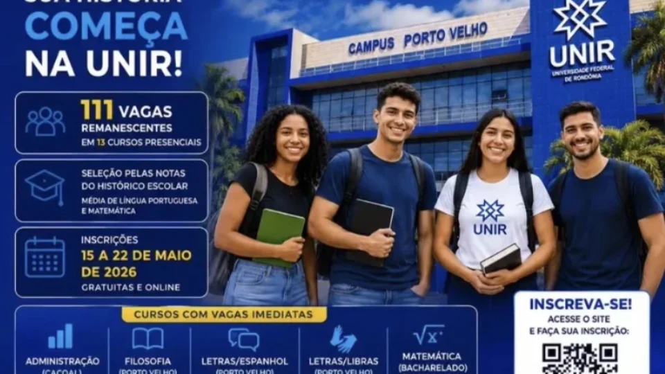 UNIR ABRE INSCRIÇÕES GRATUITAS PARA 111 VAGAS REMANESCENTES EM CURSOS PRESENCIAIS