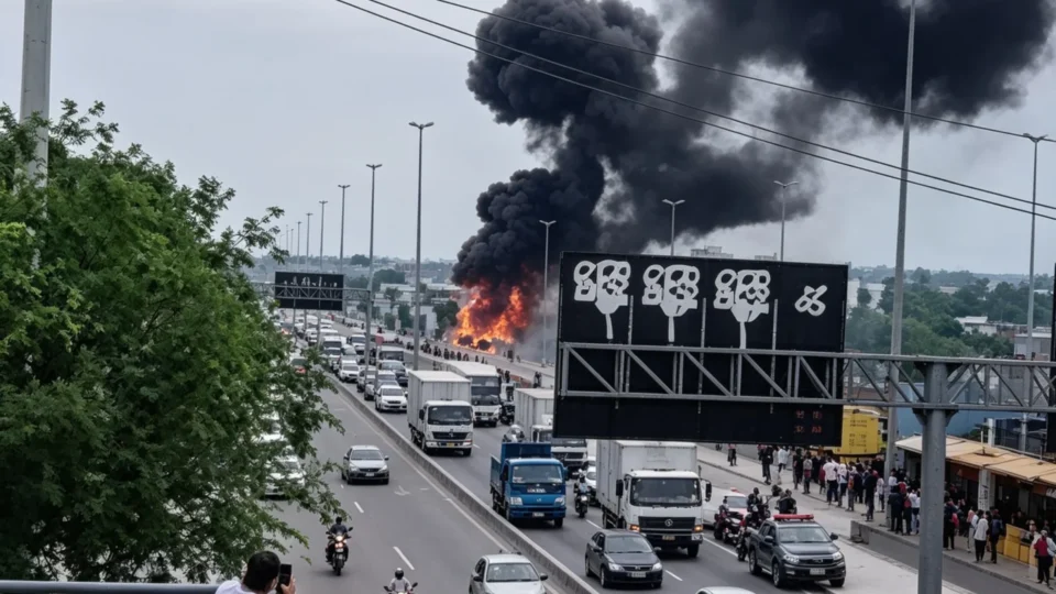 Caminhão-tanque pega fogo e provoca explosões na Avenida Brasil, no Rio
