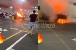Vídeo: Carro é destruído por incêndio em estacionamento de supermercado na Ponta Negra