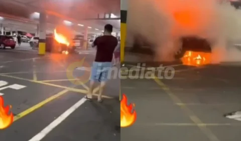 Vídeo: Carro é destruído por incêndio em estacionamento de supermercado na Ponta Negra