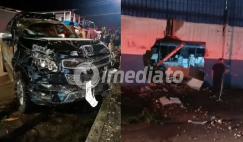 Homem embriagado furta caminhonete de amigo, causa acidente e destrói muro de empresa em Novo Airão