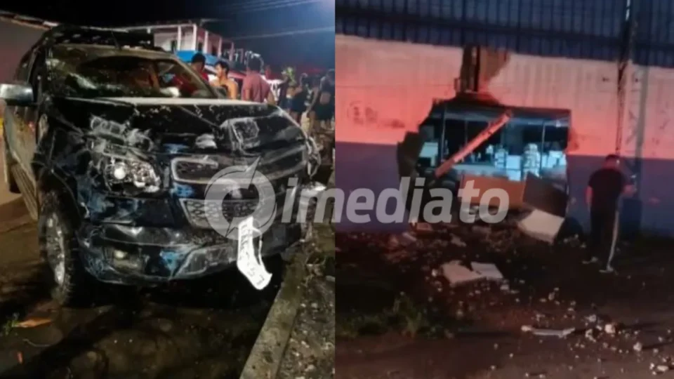 Homem embriagado furta caminhonete de amigo, causa acidente e destrói muro de empresa em Novo Airão