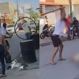 VEJA VÍDEO: Homem fica gravemente ferido ao ser agredido com pauladas durante briga em frente a comércio