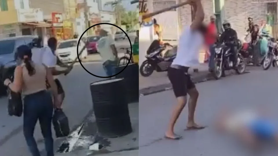 VEJA VÍDEO: Homem fica gravemente ferido ao ser agredido com pauladas durante briga em frente a comércio