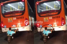 VEJA VÍDEO: Menino é flagrado “pegando carona perigosa” na traseira de ônibus no bairro Morro da Liberdade