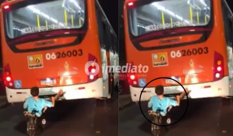 VEJA VÍDEO: Menino é flagrado “pegando carona perigosa” na traseira de ônibus no bairro Morro da Liberdade