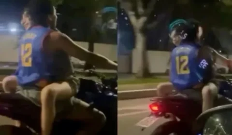 VEJA VÍDEO: Casal é flagrado sem capacete e com passageira no tanque de moto em Belém