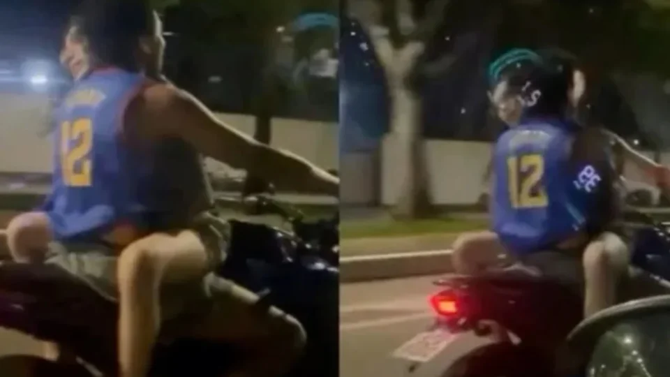 VEJA VÍDEO: Casal é flagrado sem capacete e com passageira no tanque de moto em Belém
