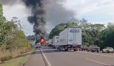 Carreta boiadeira pega fogo após acidente na BR-364; bezerros ficam soltos na pista