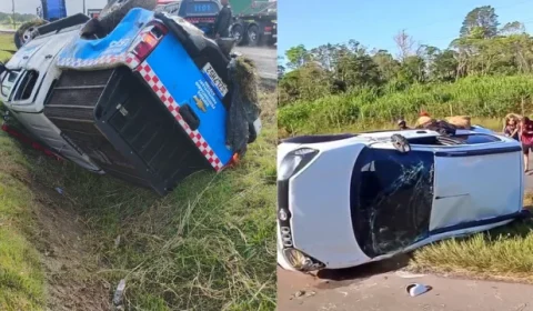 MAIS UM |  Em menos de 48 horas, dois carros capotam no canteiro central da BR-316
