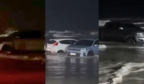 Maré alta segue deixando carros atolados e ilhados na Praia do Atalaia, em Salinópolis, no Pará