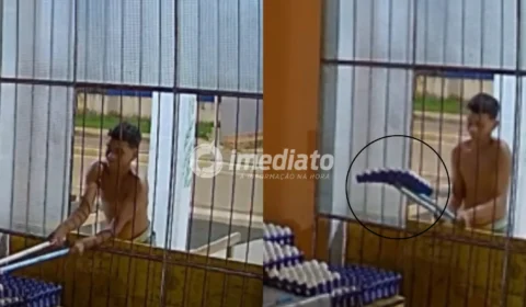 VEJA VÍDEO: Homem usa cabos de vassoura para furtar ovos, derruba cartelas e consegue levar apenas parte da mercadoria no interior do Amazonas