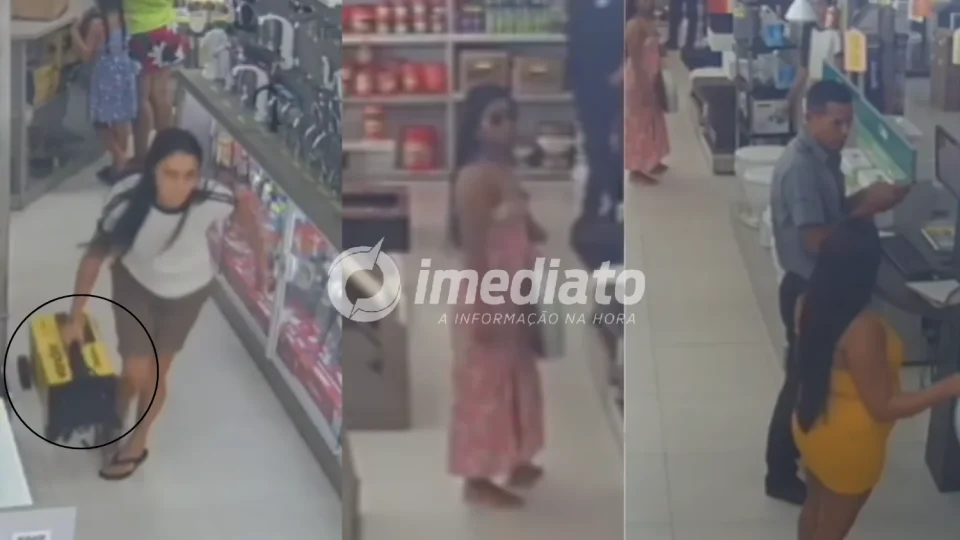 VEJA VÍDEO: Trio de mulheres é flagrado furtando máquina de solda de loja de materiais de construção em Manaus