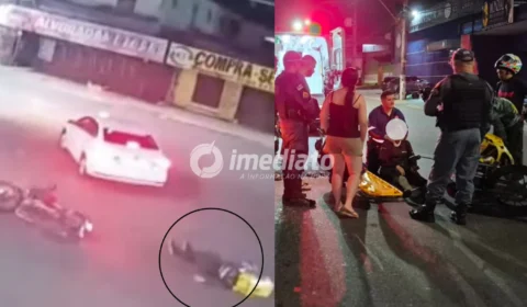 VEJA: Vídeo mostra momento exato da colisão entre táxi e moto que deixou entregadora ferida na Avenida Autaz Mirim