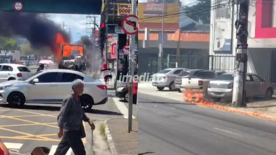 Vídeo: caminhão pega fogo e chamas se espalham pela Avenida Autaz Mirim, em Manaus
