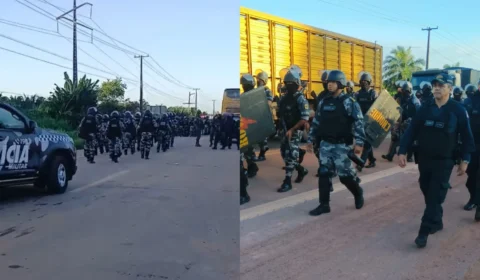 Protesto mantém PA-252 interditada e mobiliza tropa de choque para desobstrução