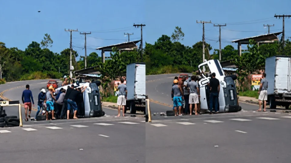 Vídeo: carro capota e fica atravessado no meio da AM-070, em Iranduba