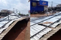 Temporal com ventos fortes arranca cobertura de empresa no Centro de Cujubim