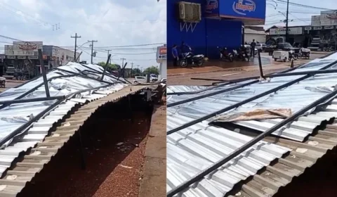 Temporal com ventos fortes arranca cobertura de empresa no Centro de Cujubim