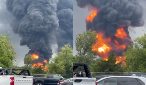 VÍDEO: Raio atinge tanque de combustível e provoca incêndio de grandes proporções em Oklahoma, nos EUA
