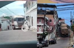VEJA VÍDEO: Carreta ignora sinalização, fica presa em ladeira e bloqueia via no Santo Antônio